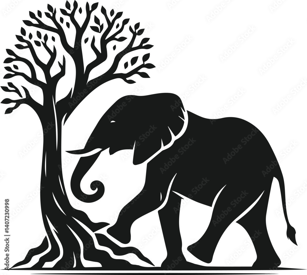 Obraz premium Elephant with tree vector animal silhouette