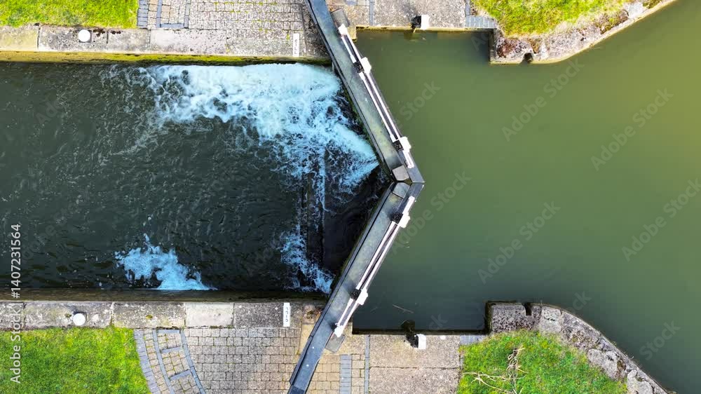 Canal lock adjusting water levels between sections. Sluice gate releasing controlled water flow. Hydraulic system managing navigation passage. Waterway lock regulating current transition