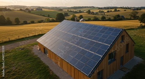 Wallpaper Mural Aerial View of Farm House with Solar Panels on Wooden Roof in Rural Setting Torontodigital.ca