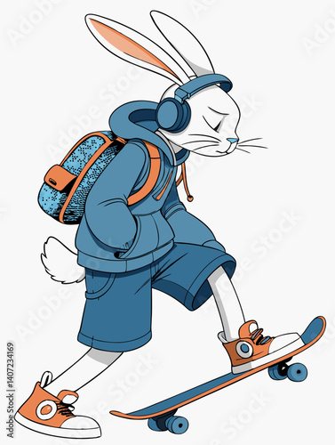 Street culture of the future: a tall cyber bunny on a skateboard with a unique clothing design.
