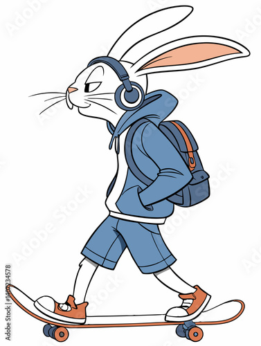 A tall cyber bunny on a skateboard in stylish sportswear and headphones is a futuristic character for inspiration.
