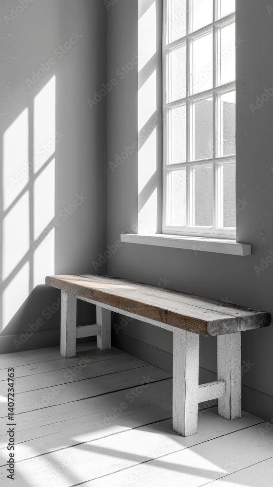 Fototapeta premium Bench by a window, sunlight streaming in, creating warm shadows, minimalist style