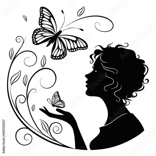Woman Silhouette Butterflies Floral Vector Art