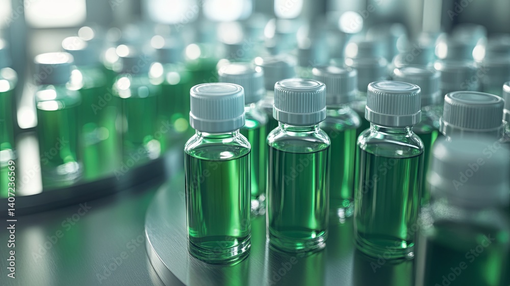Glass vials containing green liquid are organized in a laboratory to illustrate pharmaceutical research.