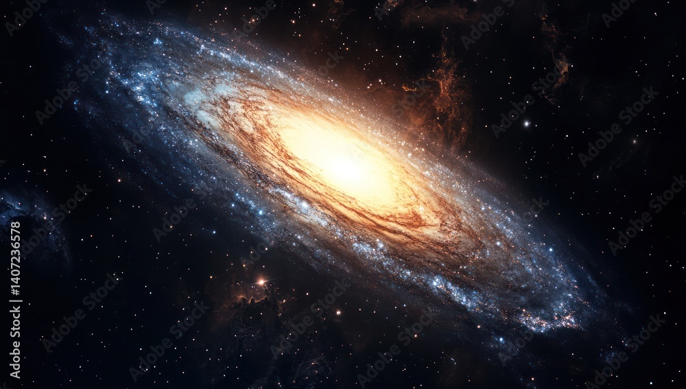 Naklejka premium A galaxy with swirling arms and a bright center in a dark sky.