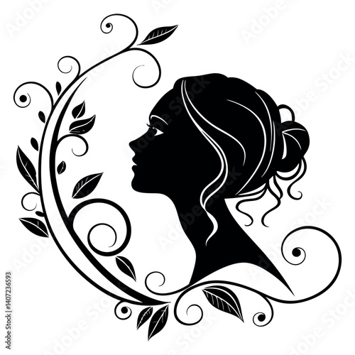 Woman Profile Silhouette Floral Swirls Vector