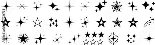 Twinkle star icon set featuring black starburst, sparkle, glow, and shining elements. Perfect for festive, decorative, or magical designs. Includes outlined, filled, and dynamic shooting star graphics
