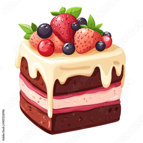 Delicious layered chocolate cake topped with strawberries blueberries and cranberries a sweet treat