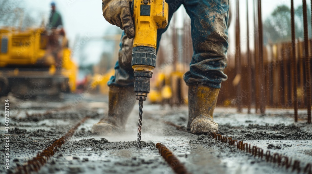 Construction worker drilling holes in concrete at a site. Featuring focus and precision Construction worker drilling holes in concrete at a site. Featuring focus and precision