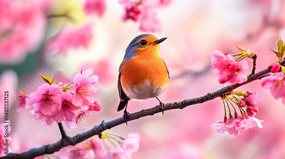 Colorful bird chirping amidst blooming cherry blossoms Colorful bird chirping amidst blooming cherry blossoms
