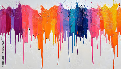 Colorful paint leaking down white background. Close up.