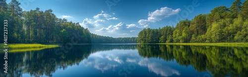 Tranquil lake with forest reflection and clear sky