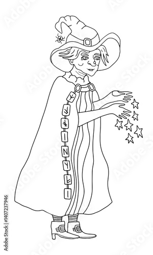 Black vector line art of a witch casting a spell, surrounded by floating stars. Her cloak is decorated with mystical runes, enhancing the magical atmosphere. Minimalist contour illustration 