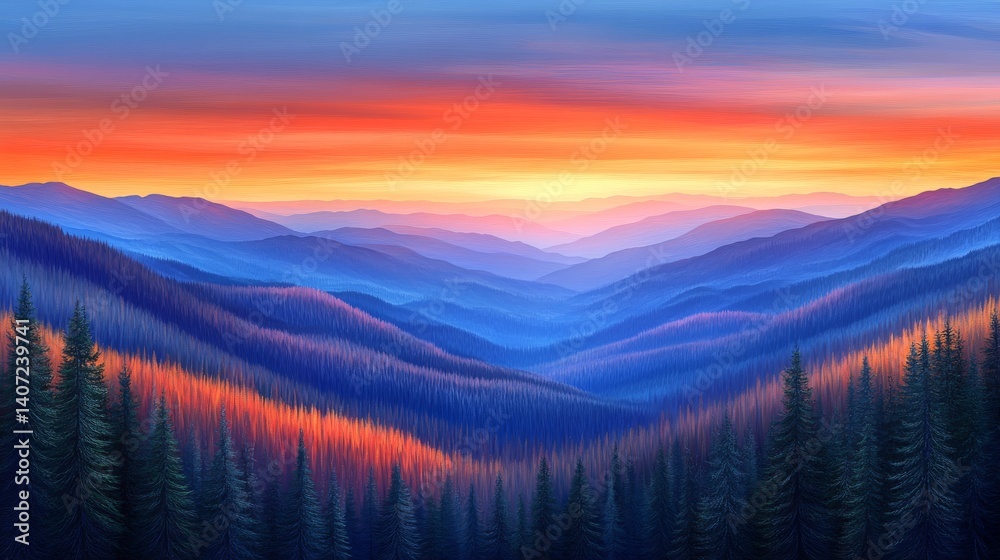 Obraz premium Image depicting an abstract mountain forest with a kaleidoscope of colors during sunset