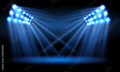 abstract stage background with blue spotlights, photo studio lighting for product presentation