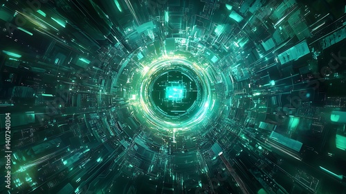 Futuristic motherboard with a glowing ai chip at the core radiating energy waves