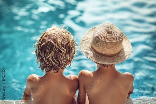 siblings brothers on pool edge with summer beach hat cap hugging playing with feet in blue clean water. cute boys kids back side view vacation concept