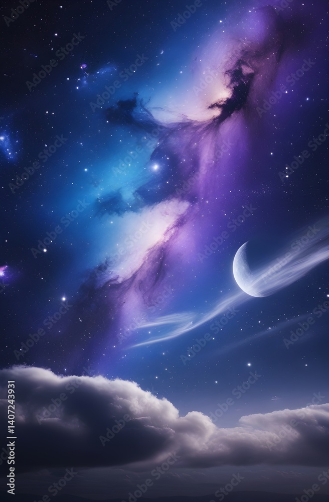 Obraz premium The dark night sky abstractly reveals a bright star within a cloudy cosmos