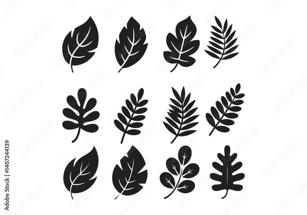 Vector icons of various leaf designs, including detailed and stylized leaves in black silhouette. Vector icons of various leaf designs, including detailed and stylized leaves in black silhouette.