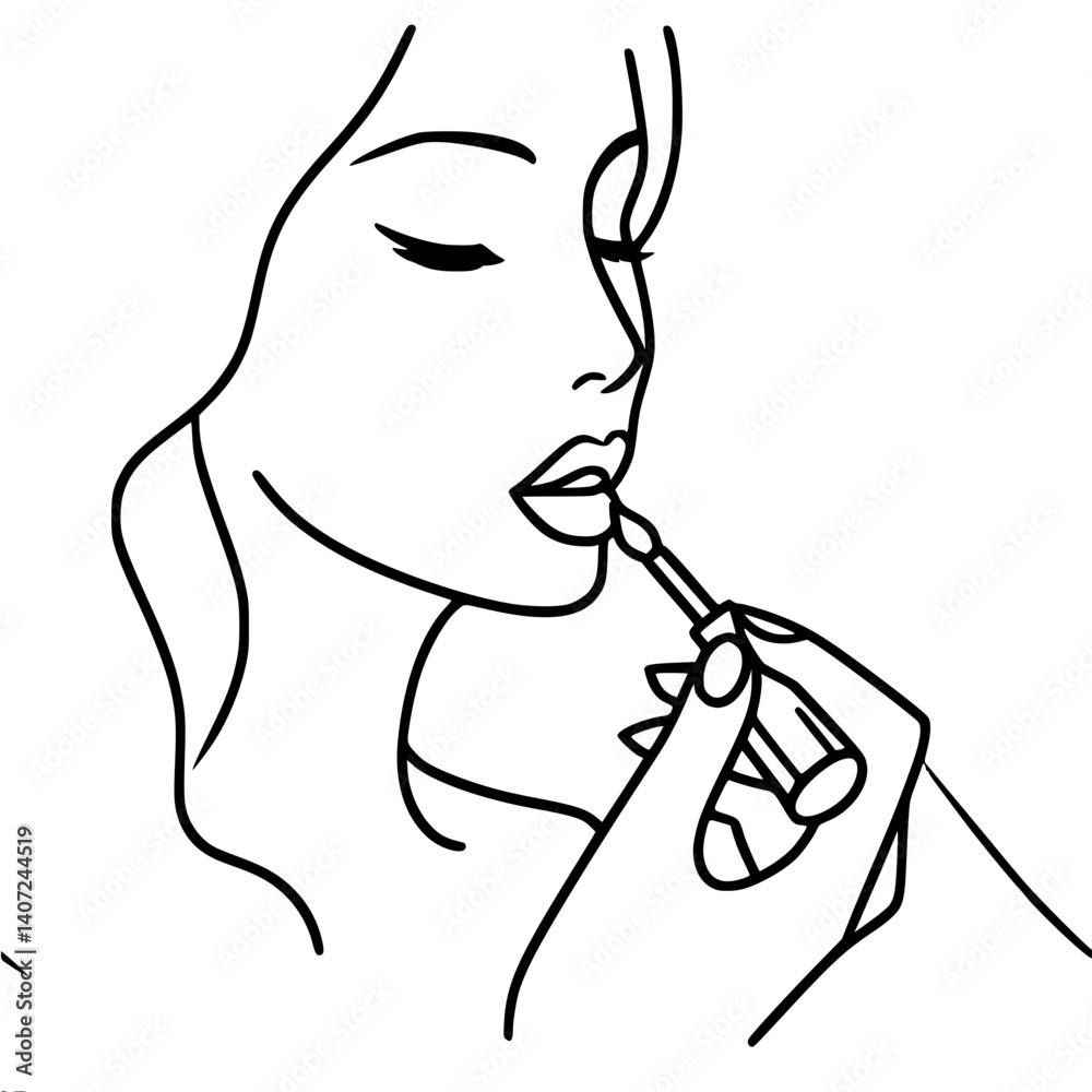 Woman applying lipstick in a minimalist line drawing style , single line vector drawing Woman applying lipstick in a minimalist line drawing style , single line vector drawing