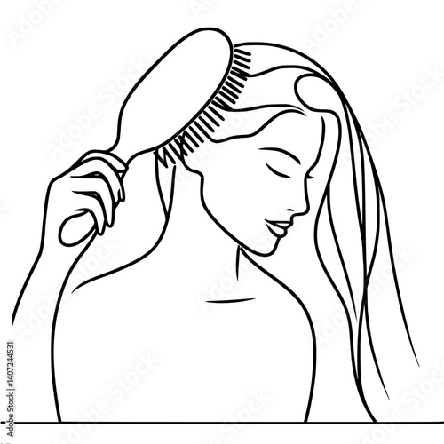 Woman brushing hair in a minimalist single line drawing, single line vector drawing  