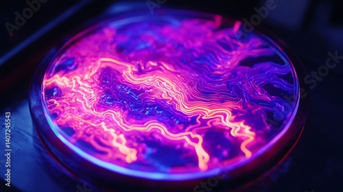 Cyberpunk themed ai chip featuring a pulsing neon current with electrified patterns
