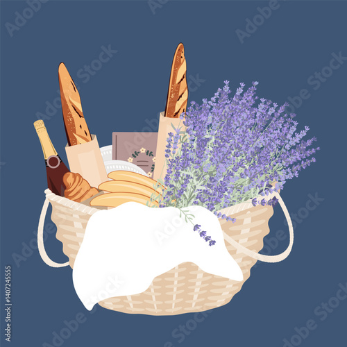 Big picnic basket isolated illustration. Vine bottle, baguettes, croissants, book, and a big bunch of lavender flowers. Romantic outdoor date concept. Vector illustration.