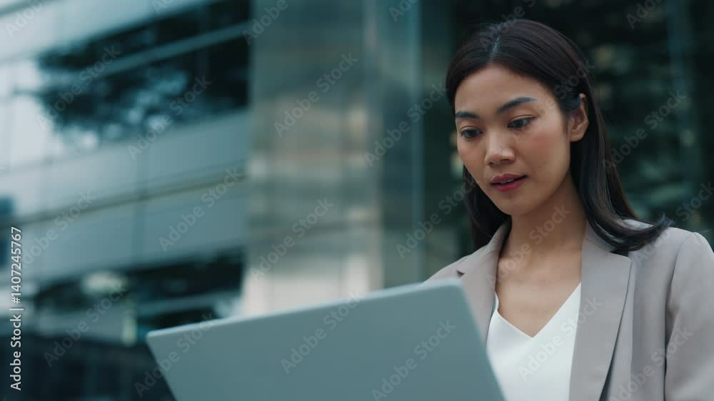 Portrait of Thai woman using laptop for work near office building