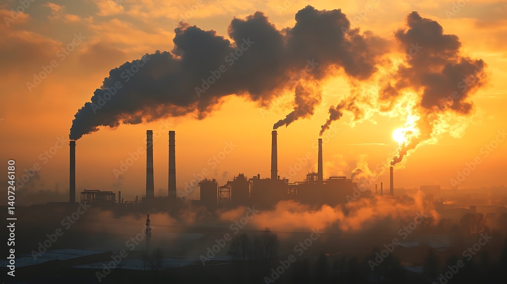 Sunset Over Industrial Pollution: A Haunting Silhouette of Factories and Smokestacks at Dusk Sunset Over Industrial Pollution: A Haunting Silhouette of Factories and Smokestacks at Dusk