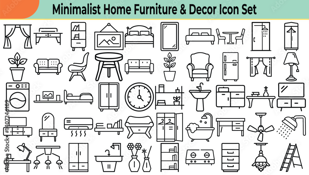 Fototapeta premium Home Furniture and Interior Decoration Line Icons Set on White Background
