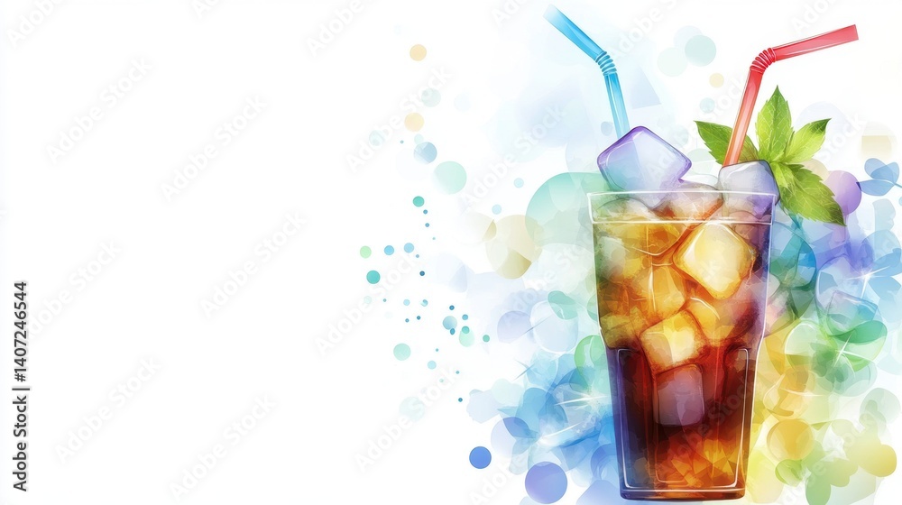National Have a Coke Day Colorful iced beverage with bubbles, ice cubes, straws, and mint leaves on white background National Have a Coke Day Colorful iced beverage with bubbles, ice cubes, straws, and mint leaves on white background