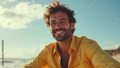 Man's Sunny Beach Smile: A handsome man with a vibrant yellow shirt exudes warmth and joy against a backdrop of the sun-kissed beach and blue sky. 