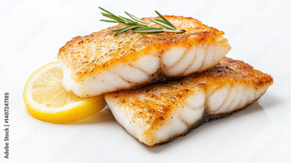 Pan fried codfish pieces stacked with lemon slice and rosemary garnish on white background, showcasing delicious and appetizing presentation Pan fried codfish pieces stacked with lemon slice and rosemary garnish on white background, showcasing delicious and appetizing presentation