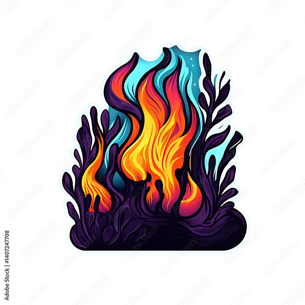 A stylized, colourful graphic of flames rising from a dark, floral base, in a vibrant design. A stylized, colourful graphic of flames rising from a dark, floral base, in a vibrant design.