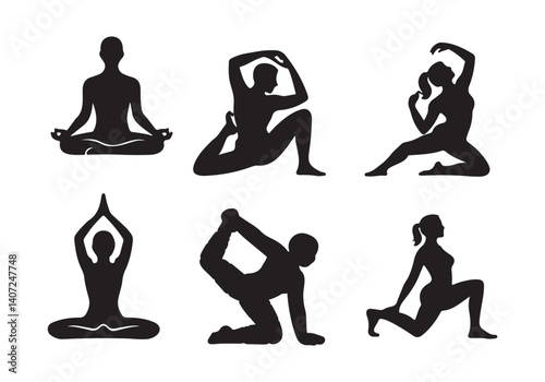 Vector icons of different yoga poses in black silhouette, perfect for wellness and fitness themes.