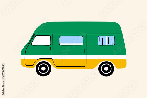 Retro camper van illustration. Flat style green and yellow vintage minibus side view on beige background for travel and adventure concepts