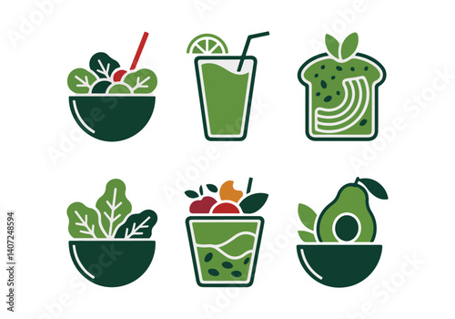 Vector icons of healthy food items like salads, drinks, and avocado toast in green color.