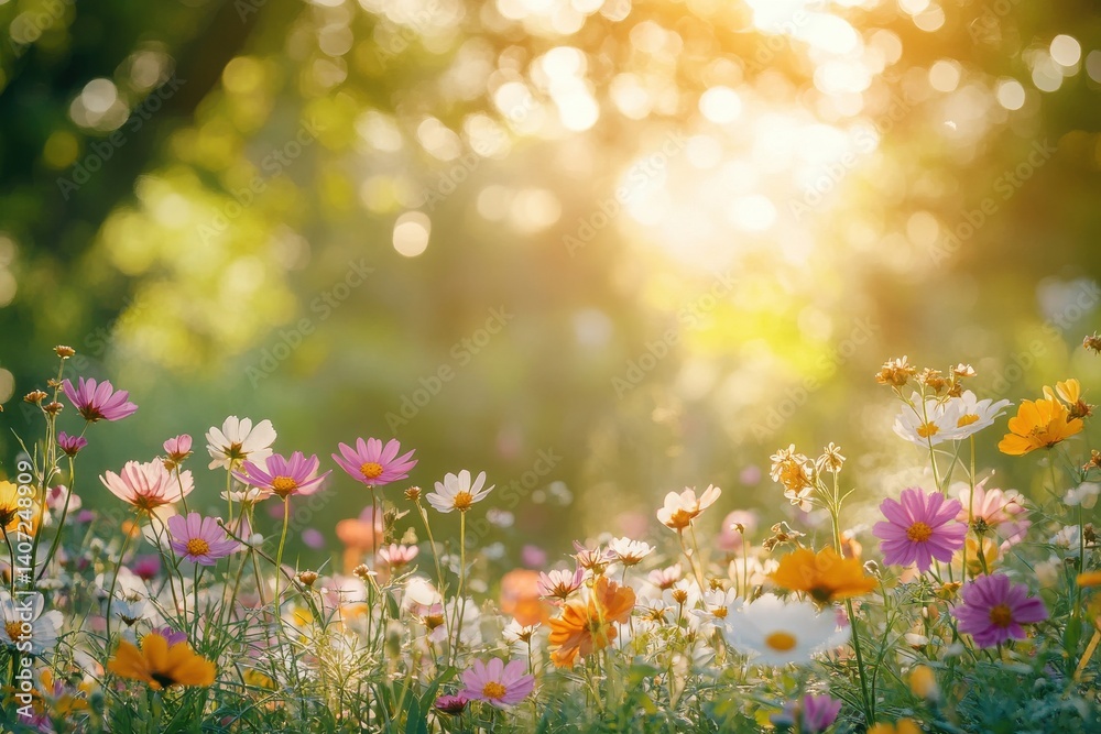 Wildflowers in a sun drenched field under a blurred tree canopy Wildflowers in a sun drenched field under a blurred tree canopy