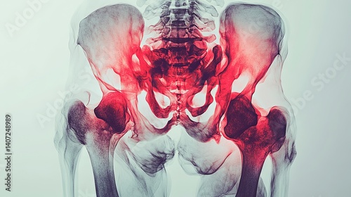 Medical illustration of the human pelvic bones and hip joints with highlighted inflammation and pain areas, depicting arthritis, joint disease, injury, or musculoskeletal health concept
