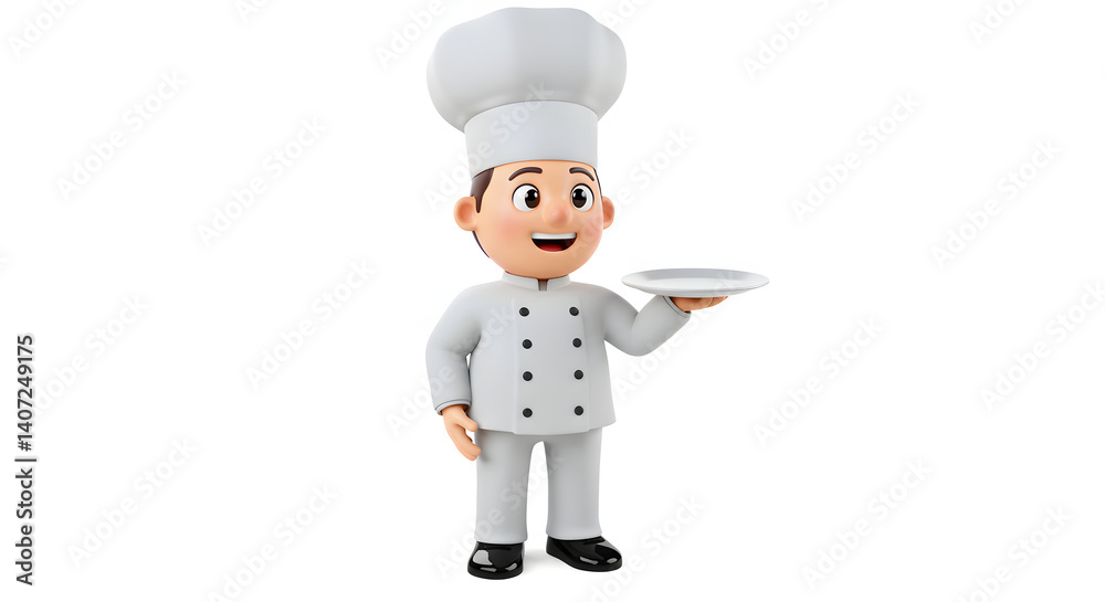 Happy Cartoon Chef Holding Empty Plate Restaurant Food Service Cook Happy Cartoon Chef Holding Empty Plate Restaurant Food Service Cook