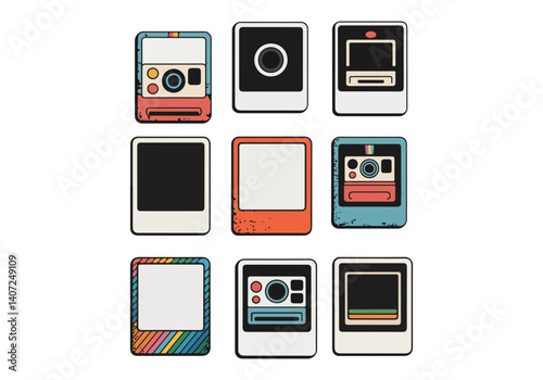 Vector icons of retro-style instant cameras and photo frames in various colors and designs.