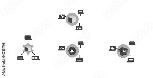 Large Language Model (LLM) Workflow Icon Set. Includes LLM Inference, LLM Pipeline, and Neural Text Processing