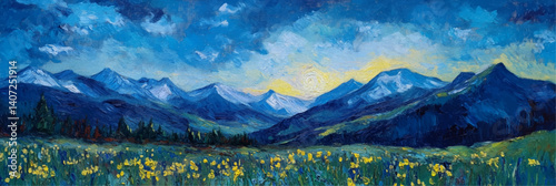 vector illustration of alps mountains landscape with blue sky in style of oil painting on canvas