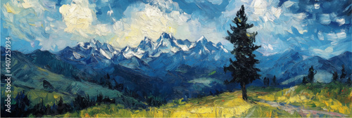 vector illustration of alps mountains landscape with blue sky in style of oil painting on canvas