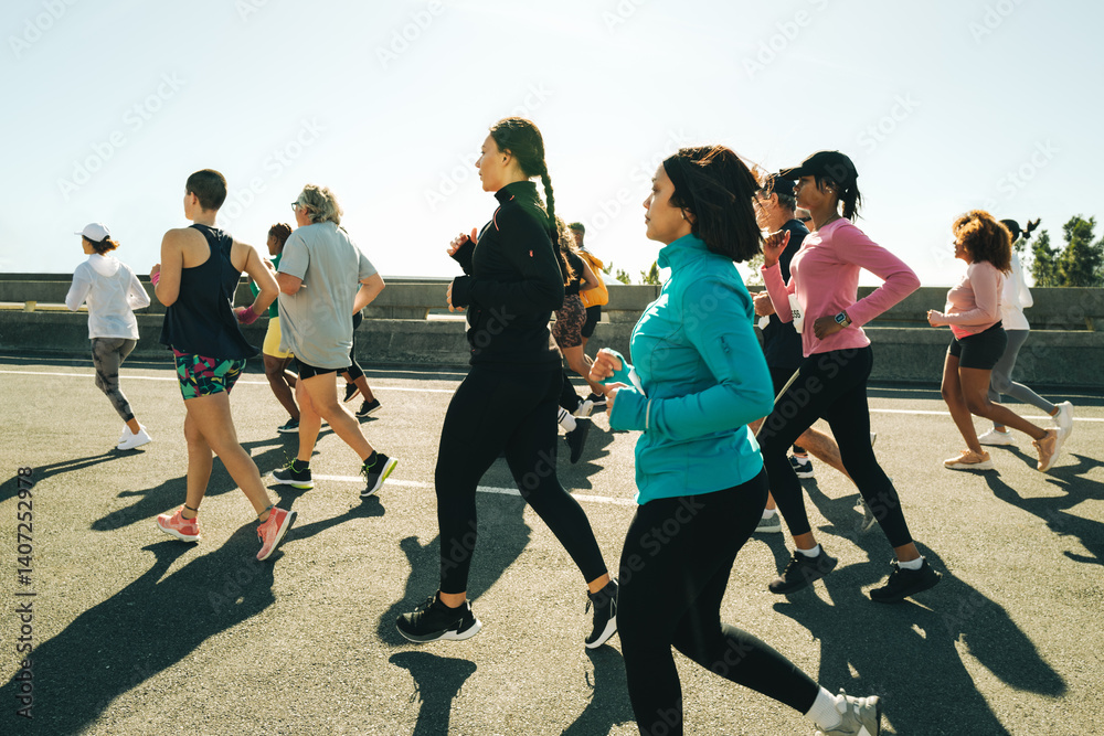 Obraz premium Group of people running together in a community outdoor event