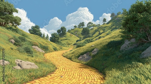 A vibrant, winding yellow brick road leads through lush green hills under a bright blue sky, creating a whimsical and inviting landscape.