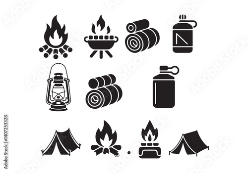 Vector icons of camping equipment, including campfire, tent, lantern, and camping supplies in silhouette.