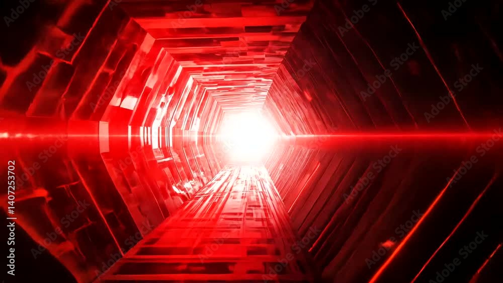 Red futuristic tunnel, light at end, abstract background, sci-fi design