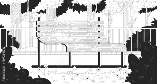 Empty wooden bench in serene forest park line illustration backdrop. Peaceful solitude. Outdoor calm scenery, greenery trees curved seating 2D ink outline monochrome background. Lineart vector