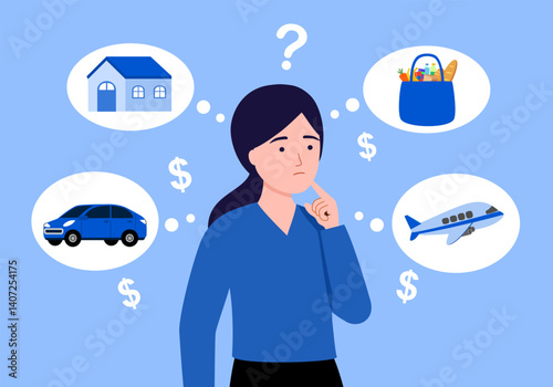 Personal budget. Person deciding how to spend money, planning purchases. Making choice, decision in finance concept. Woman choosing, thinking about expenses.